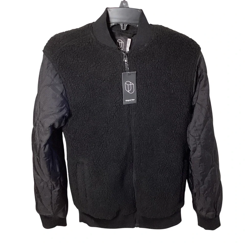 Original Use Sherpa Bomber Jacket Mens XS Black Quilted Fleece Streetwear